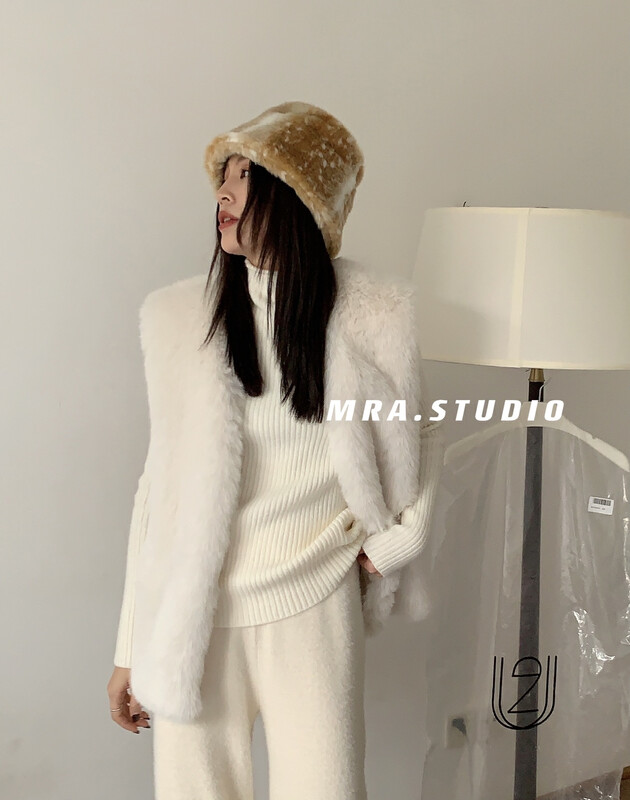【MRA】Big brand simple plush warm vest fur (with belt) T5118
