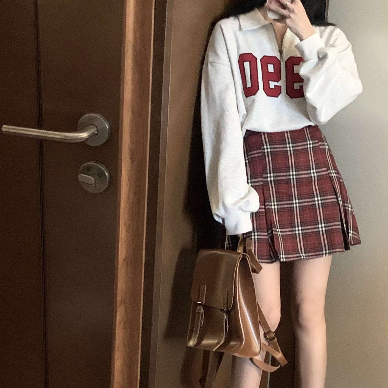One-piece suit American retro letter pullover sweater women's fried street suit plaid skirt autumn two-piece trend