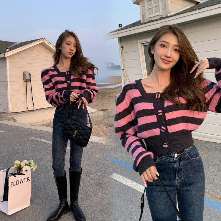 【ZY】Korean niche color contrast striped square collar short wool knitted cardigan sweater (28% wool) S1101