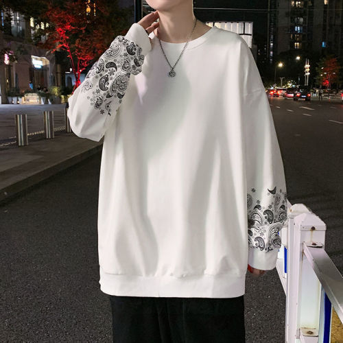 Cashew flower men's sweater ins trend Hong Kong style round neck long-sleeved bottoming shirt spring and autumn loose early autumn sweater men