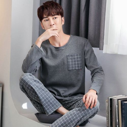 100% cotton men's pajamas long-sleeved spring and autumn youth cotton autumn and winter casual large size loose home service suit