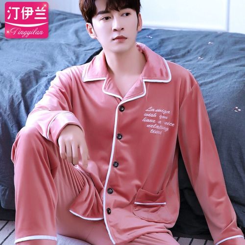 Island velvet pajamas men's winter coral velvet thin section youth casual thickened long-sleeved spring and autumn home service flannel suit