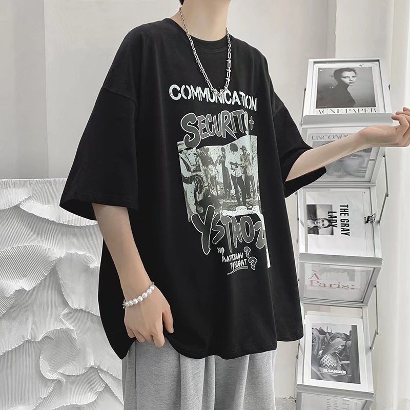 Plus-size men's plus fat plus half-sleeved loose fat t-shirt Korean version of boys' short-sleeved trendy student five-point shirt