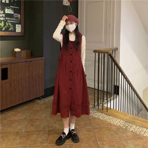 Corduroy red suspender dress suit female spring and autumn age reduction sweet sleeveless vest skirt bottoming shirt two-piece set