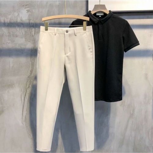 Summer new small trousers men's solid color elastic waist loose trendy straight casual nine-point trousers men's trousers