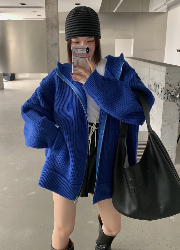 [DTU] Hooded Loose Zipper Casual Knit Cardigan 33198# LSL