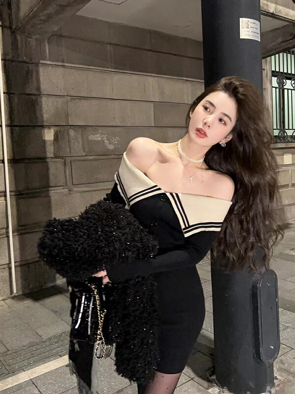 【ARE STUDIO】Designed one-shoulder color-block knitted dress 92691# OZQ
