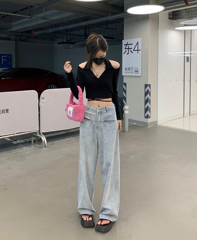 Original price 69.93! [WGWE] Straight women's 2022 early autumn trendy ins striped wide-leg jeans 2766# FHX