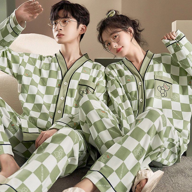 Couple pajamas pure cotton spring and autumn long-sleeved cardigan casual suit winter thin section cartoon home service can be worn outside