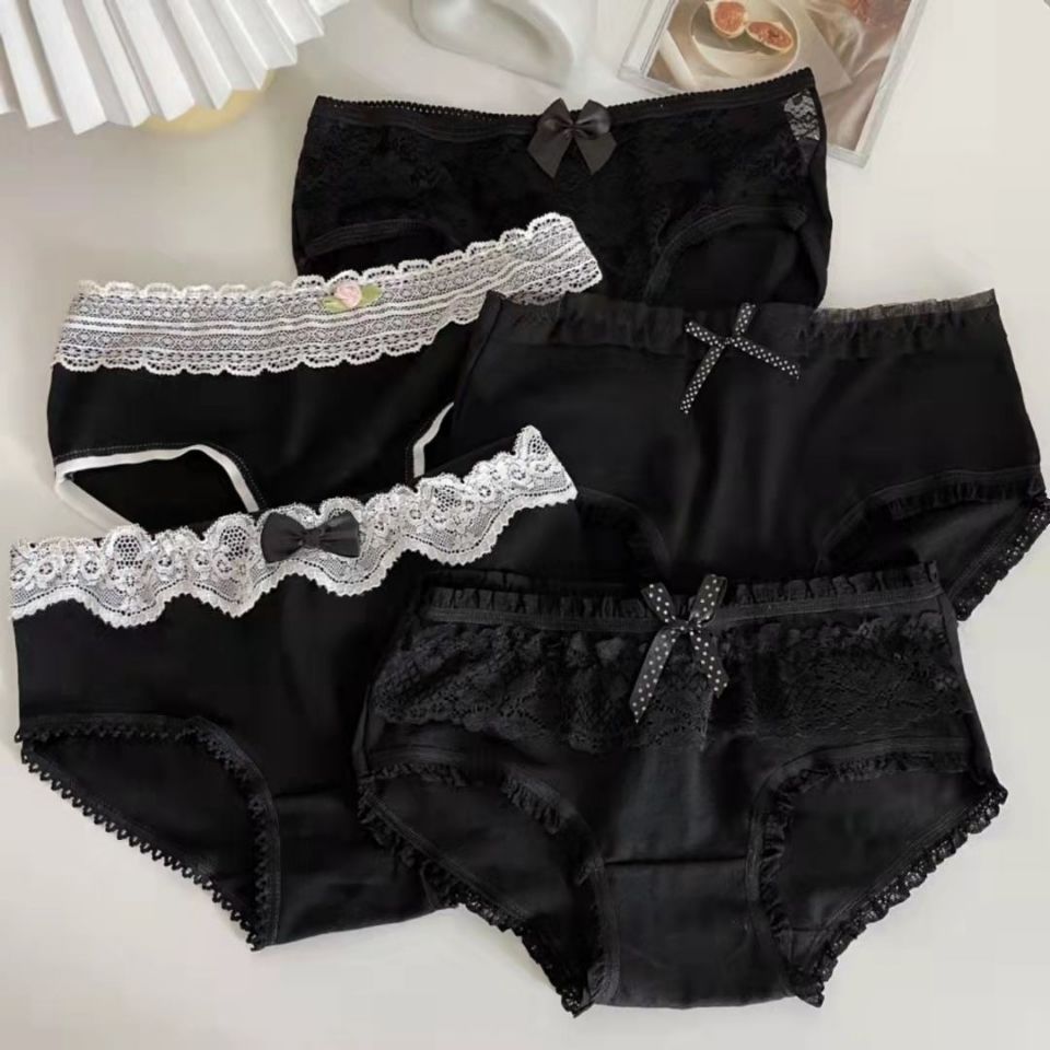 Japanese cute black pure desire underwear female new student girl pure cotton antibacterial breathable lace mid-waist briefs