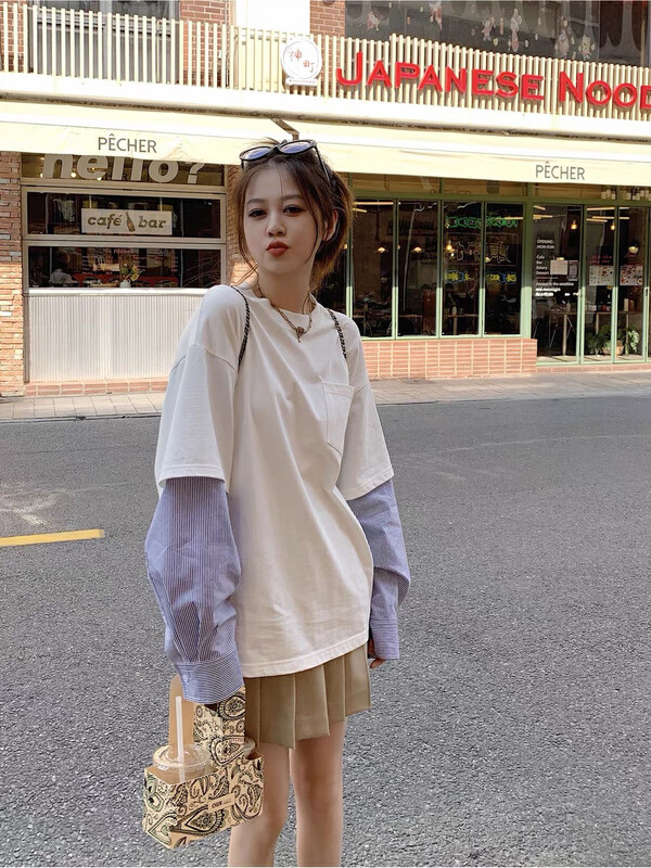 New in Autumn! [WGWE] Striped stitching casual long-sleeved T-shirt 2694# FHX