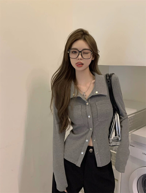 [WGWE] Niche design lapel long-sleeved T-shirt 2912# FHX