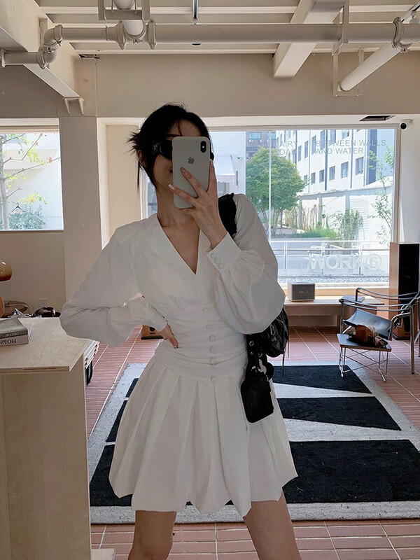 【WGWE】High-waisted long-sleeved French A-line dress 2863# FHX