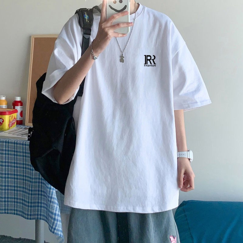 100% cotton all-match loose short-sleeved T-shirt men's summer round neck bottoming shirt trendy white half-sleeved T-shirt top clothes