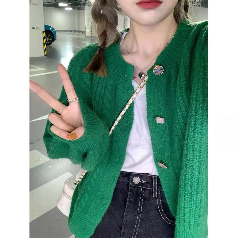 Green high-quality super good-looking sweater jacket women's autumn and winter Japanese lazy retro short cardigan chic top clothes