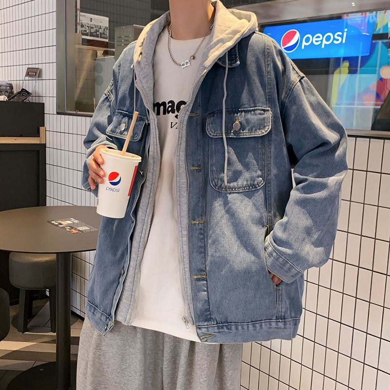 Ruffian handsome denim jacket men's spring and autumn trendy brand ins hooded loose all-match jacket trend Korean version fake two-piece top