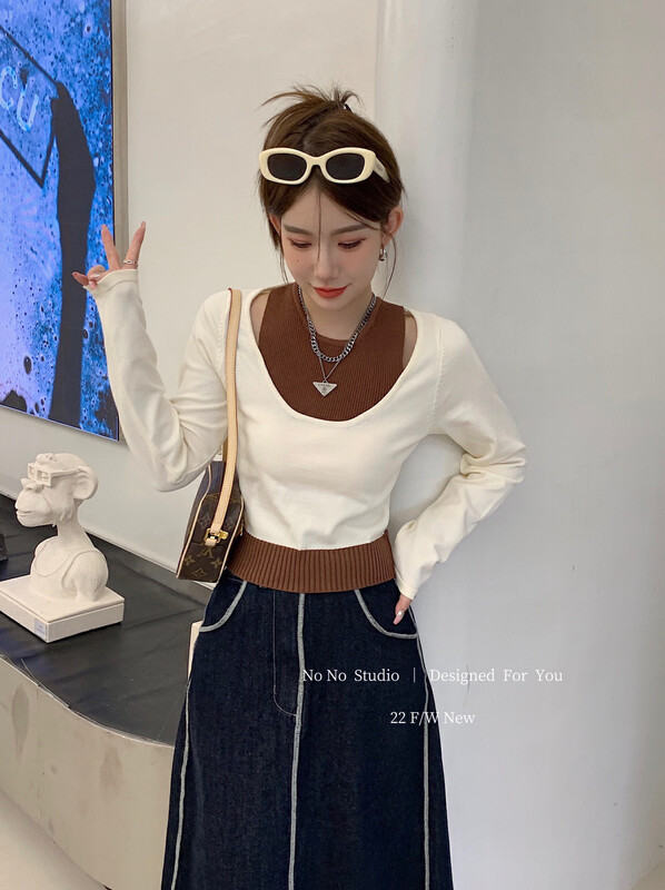 【WGWE】Korean niche temperament color-block knitted long-sleeved pullover fake two-piece shirt 3125# FHX