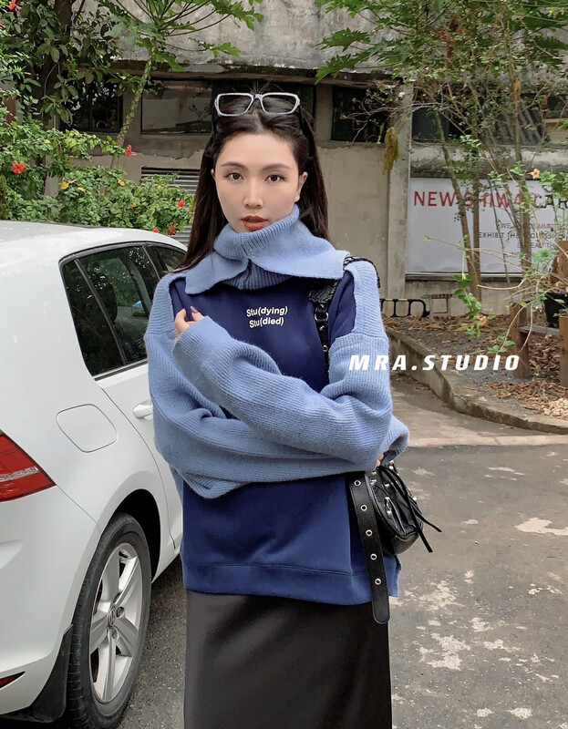 【MRA】Winter design sense letter sweater (with detachable neckerchief)) L1199