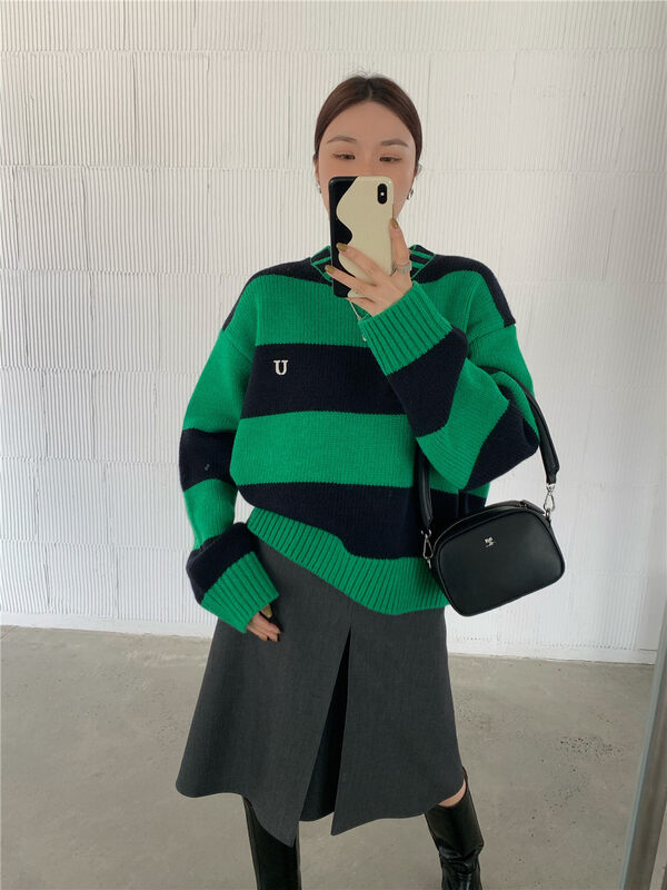 [DTU] round neck loose stripe letter warm sweater 52520# LSL