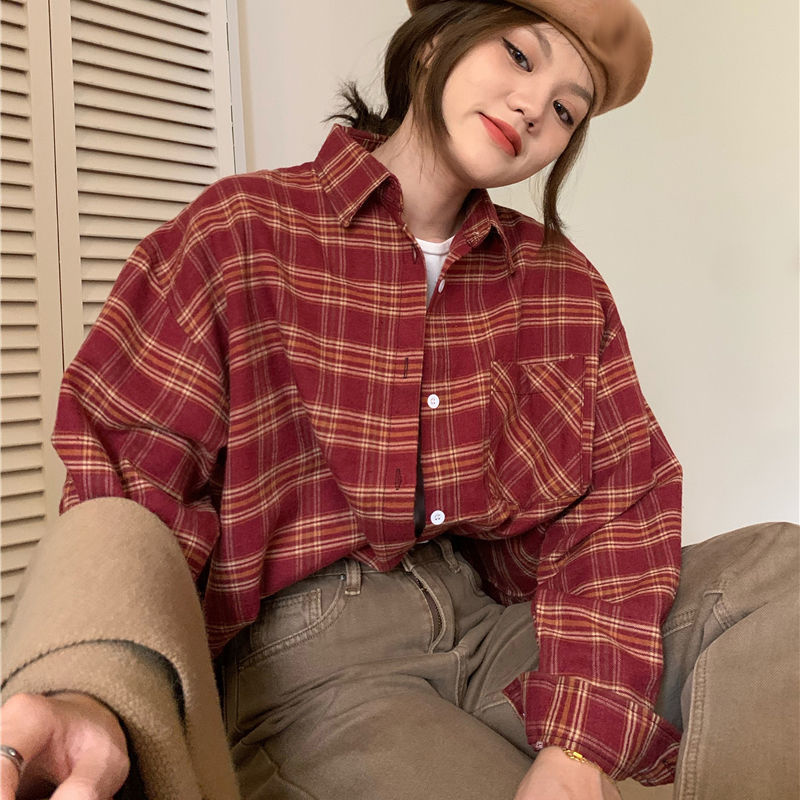 High Street 2022 Spring and Autumn New Wine Red Plaid Shirt Women's Korean Style Design Fashion Retro Hong Kong Style Top Long Sleeves