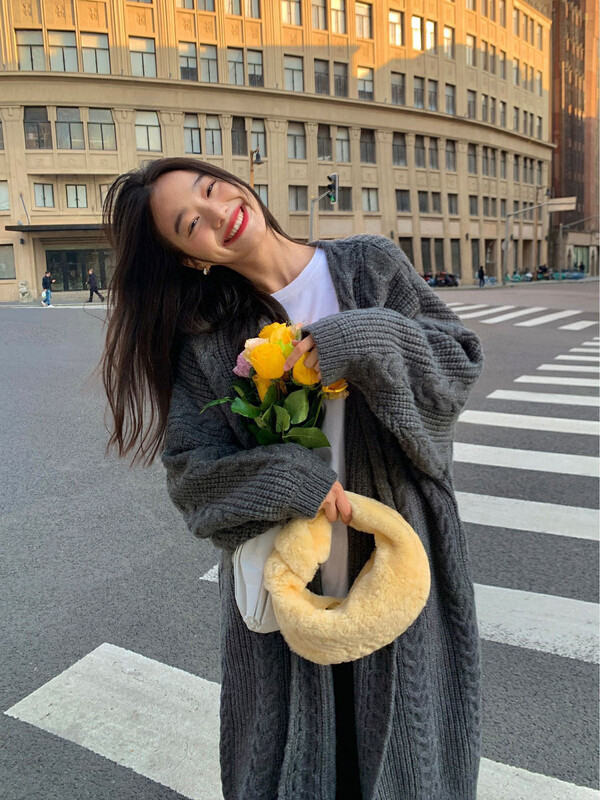 【WGWE】Solid color middle-length twist Korean style loose lazy knitted cardigan 3118# FHX