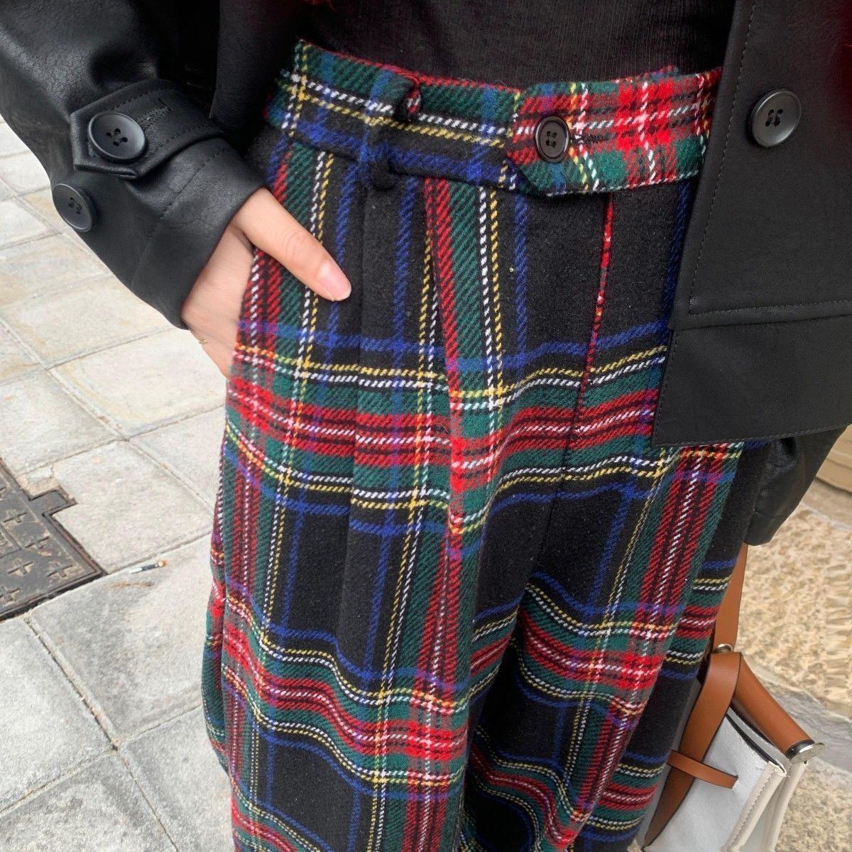 Winter New High Waist College British Loose Slim Thick Wool Plaid Wide Leg Casual Pants