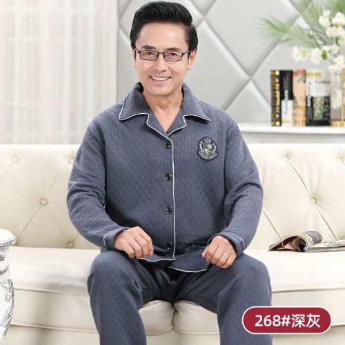 Middle-aged and elderly pajamas men's autumn and winter long-sleeved thick interlayer cotton air cotton dad large size home service suit