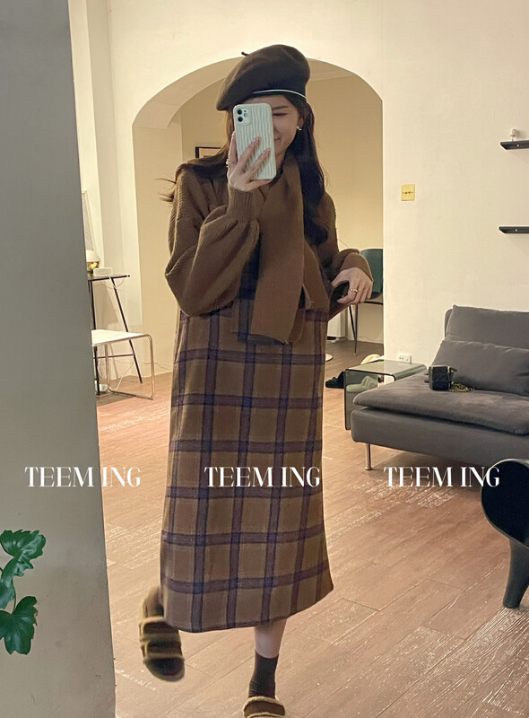 【TEEM ING】Korean library girl suspender skirt + solid color pullover sweater suit (with scarf) 22T710# HJY