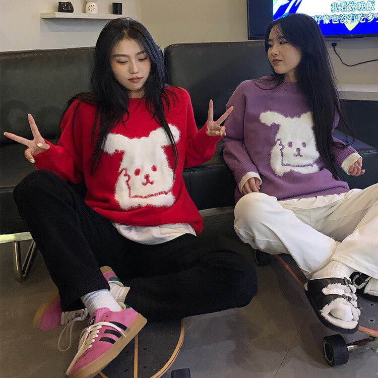 【WGWE】Cartoon Cute Bunny Embroidered Round Neck Pullover Warm Sweater 3121# FHX