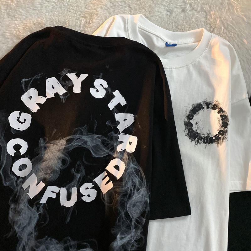 100% cotton short-sleeved men's oversize Hong Kong style loose all-match t-shirt summer simple BF style trendy couple outfit