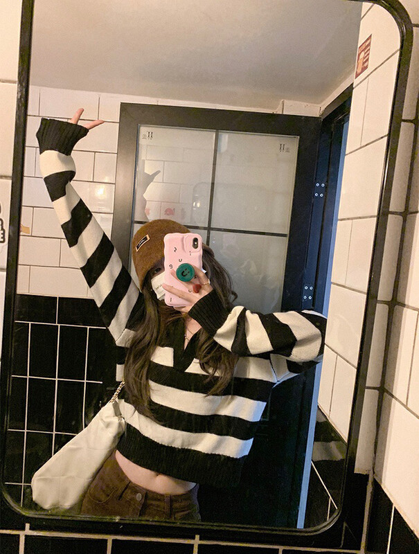 【WGWE】Striped Pullover Contrast Color Warm Sweater 3087# FHX