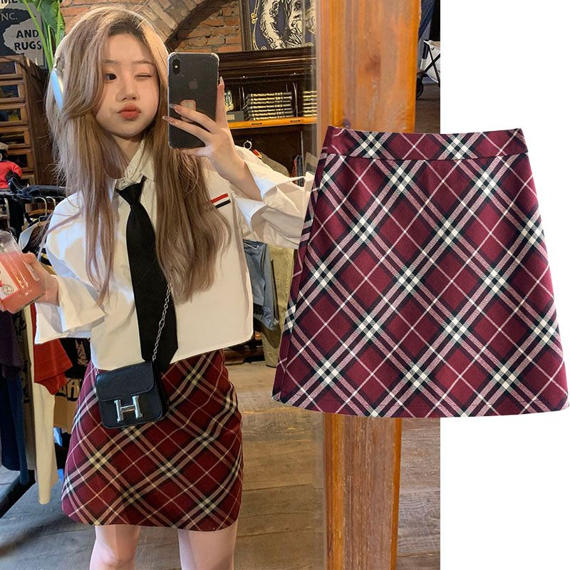 Thickened small red plaid skirt female autumn and winter college wind high waist thin woolen a-line skirt skirt