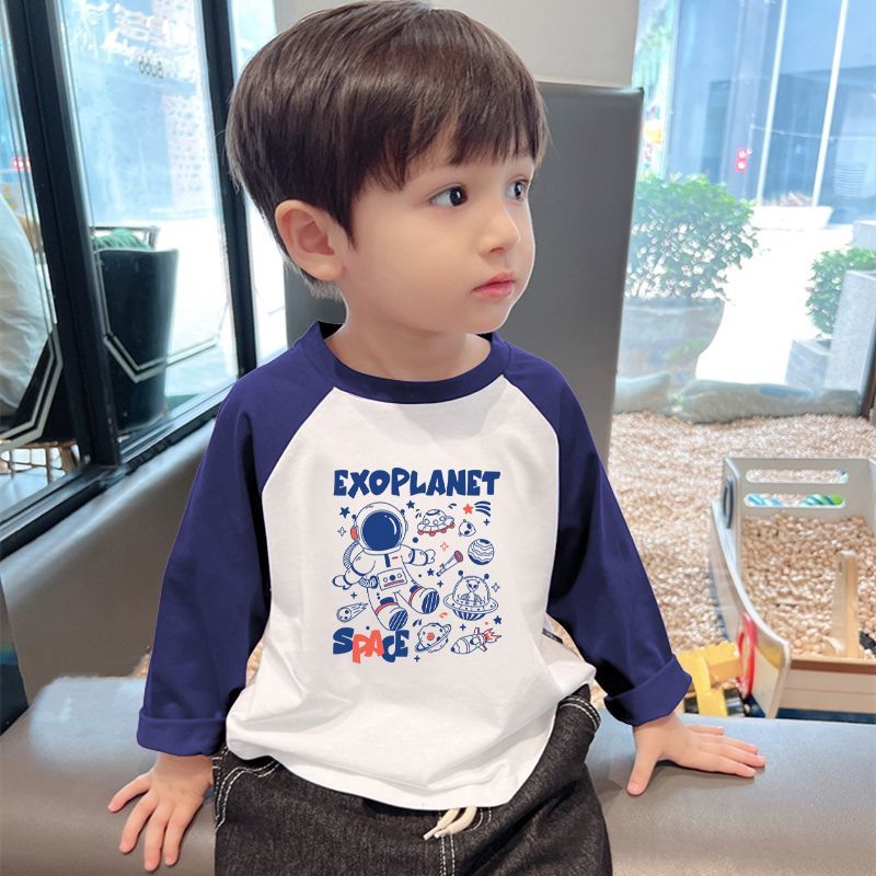 Boys pure cotton color matching long-sleeved t-shirt spring and autumn bottoming shirt new baby small children's sweater foreign style top trend