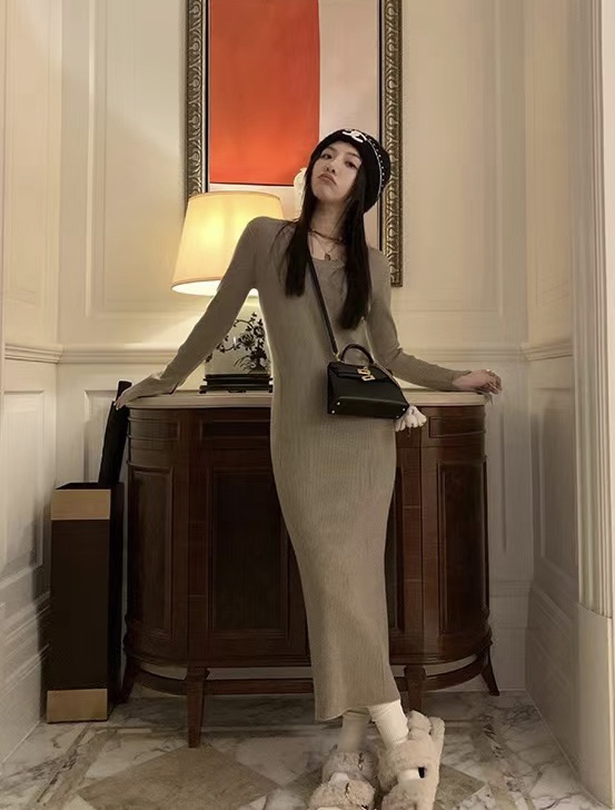 【ARE STUDIO】Simple all-match round neck knitted dress 92690# OZQ