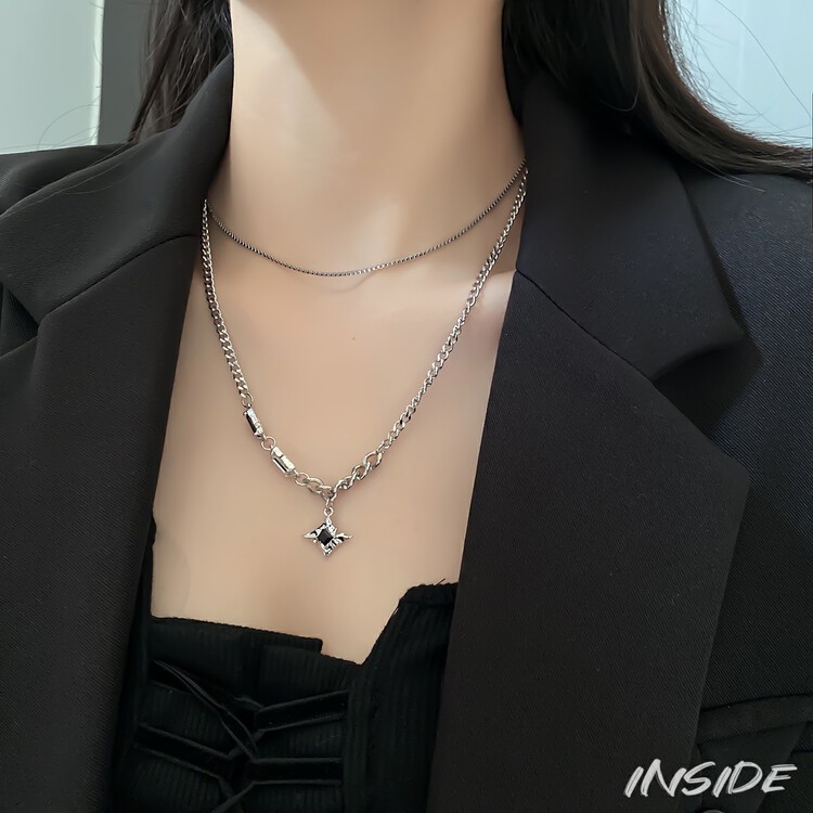 【INSIDE】Dark series of sweet and cool babes star star pearl splicing stacked titanium steel short necklace (with random box) X3721# ZXL