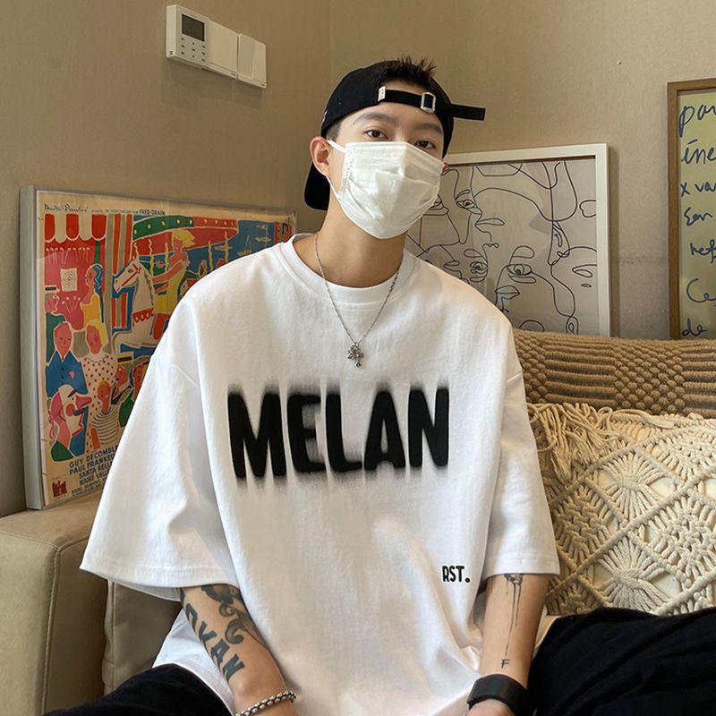 Fuzzy letters men's short-sleeved t-shirt summer new loose all-match casual students simple half-sleeved top clothes