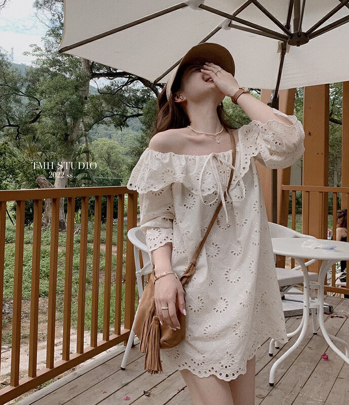 Original price 81.21! 【WGWE】Korean style lady fan hollow pattern design ruffled one shoulder dress 2326# FHX