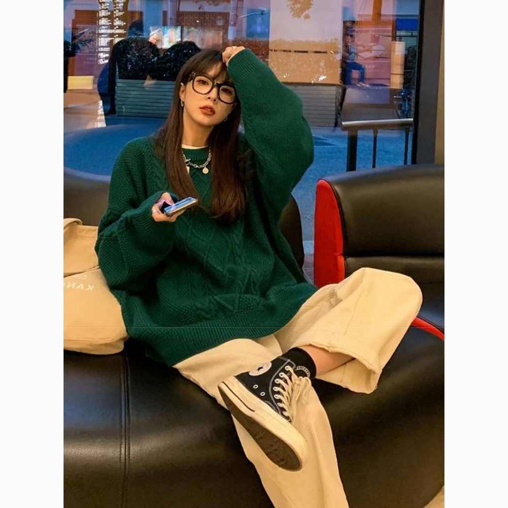 2022 new retro foreign style green twist sweater outerwear women's mid-length autumn and winter thickened loose lazy style