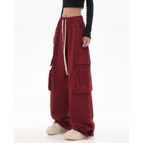American retro red wide-leg overalls women's autumn high street design sense pocket hiphop straight casual pants