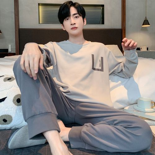 Tight race 100% cotton pajamas men's spring and autumn long-sleeved Korean style teenagers can wear cotton winter home suit