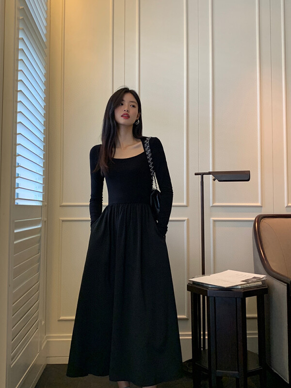 New in autumn!【WGWE】French Hepburn style square collar high waist splicing thin long-sleeved dress 2759# FHX