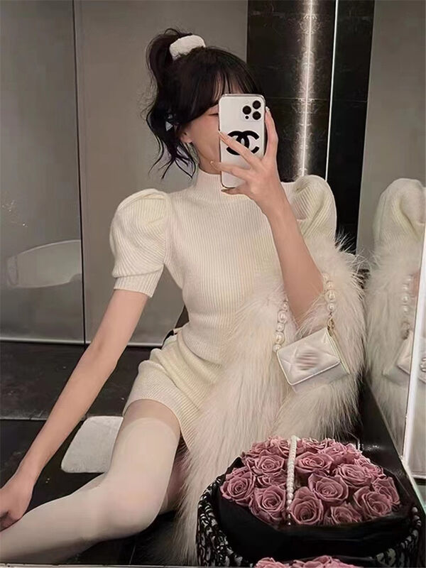 【JULIA】Spicy Girl Style Half High Neck Puff Sleeves Slim Dress (With Sleeves) 1303# PCZ