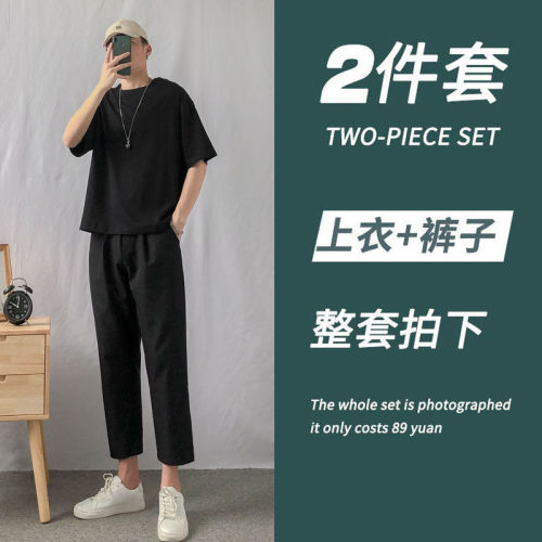 Summer suit male 2022 new Korean style trendy student handsome thin section slim fit nine points ice silk pants set