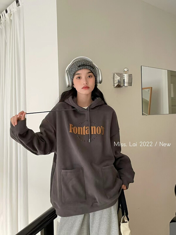 【HH &MISS LAI】Hooded letter plus velvet comfortable all-match pullover sweater 3111# L