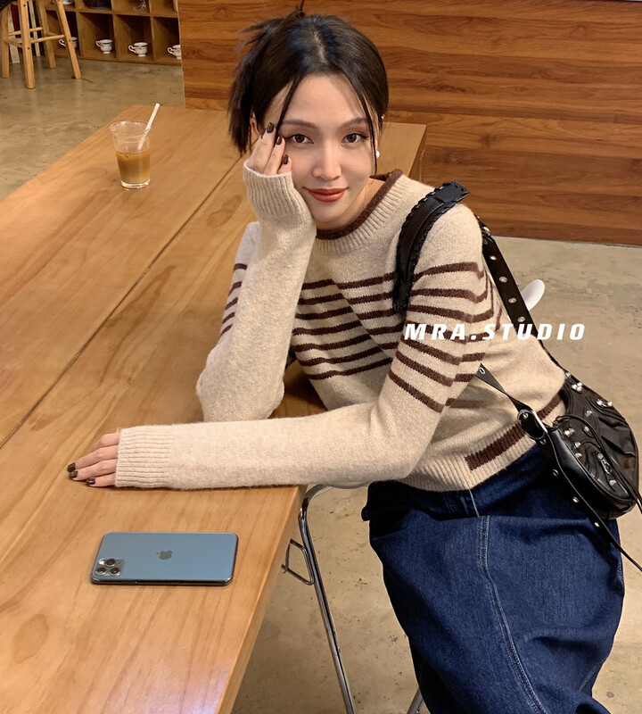【MRA】Korean striped round neck slim soft sweater KU205
