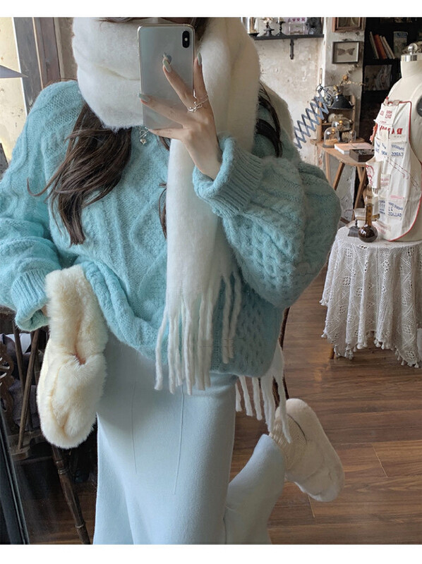 【BY】Soft Waxy Twist Loose Outerwear Long Sleeve Round Neck Knit Pullover Warm Sweater 0287# HJY