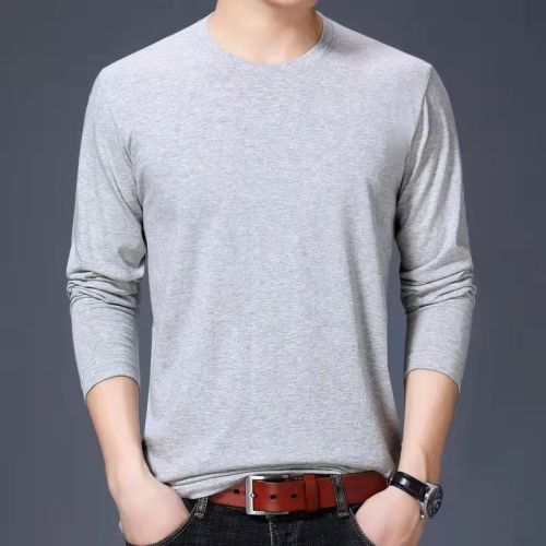 100% pure cotton long-sleeved men's spring and autumn solid color round neck top Korean student casual all-match bottoming shirt without deformation