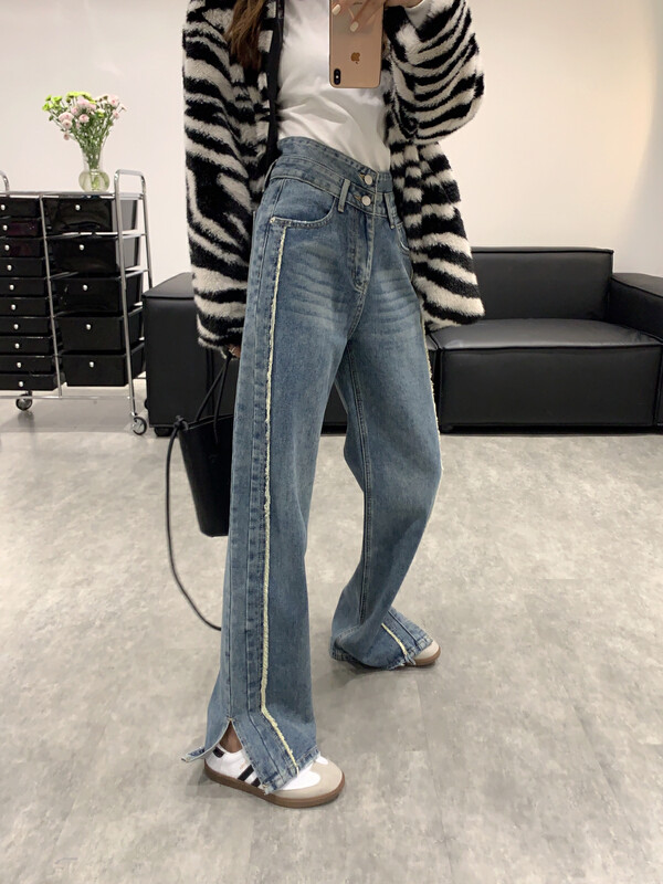 【VANESSA】design double waist raw edge hem slit straight jeans 8096# OZQ