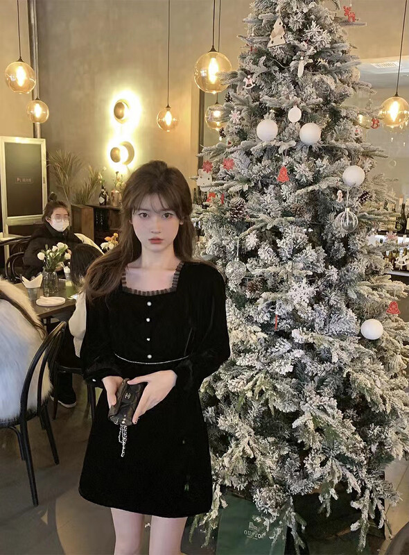 [ARE STUDIO] Elegant Square Neck Velvet Dress 92535# OZQ