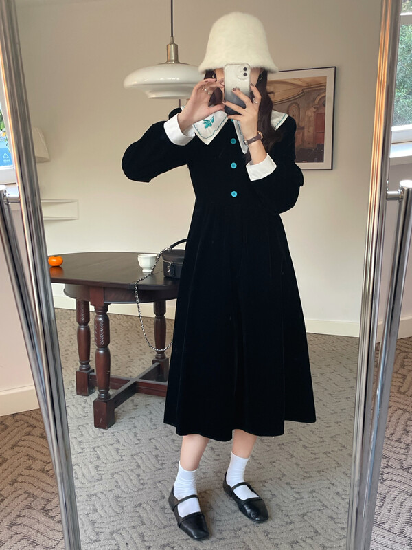【JH】Internet celebrity Xiaoxiang embroidered doll collar stitching contrast color dress 43389# PCZ